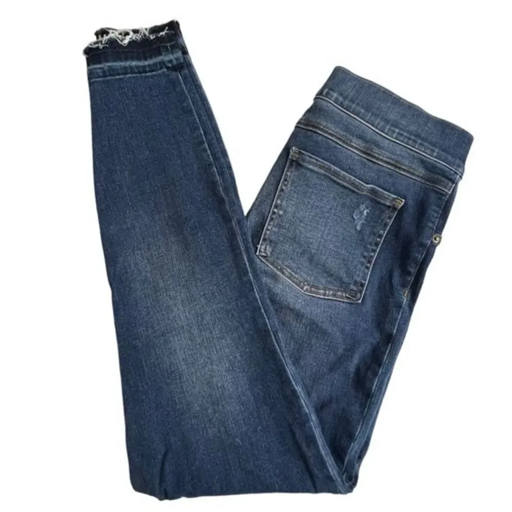 Spanx Womens Dark Wash Mid Rise Elastic Waist Pull on Raw Hem Skinny Jeans Small